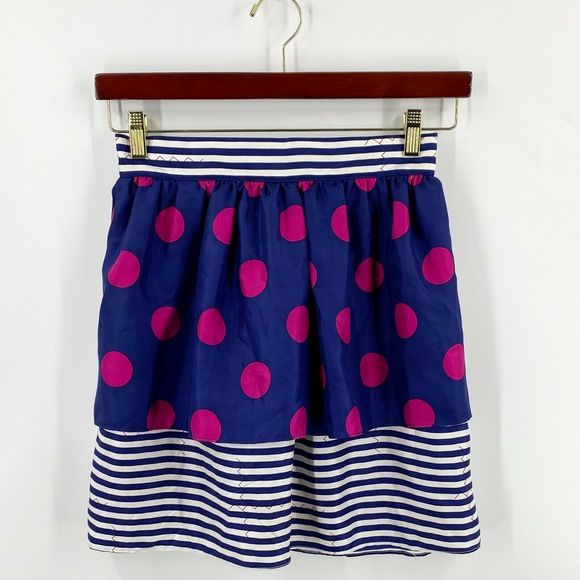 Britt Ryan Silk Mini Skirt 0 Blue Pink Polka Dot - Picture 1 of 5